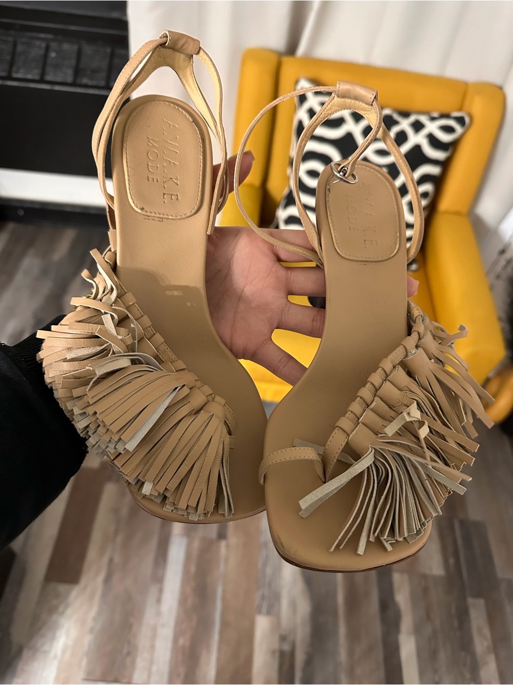 Fringed Ankle-Strap Sandals in Tan by Make Mode